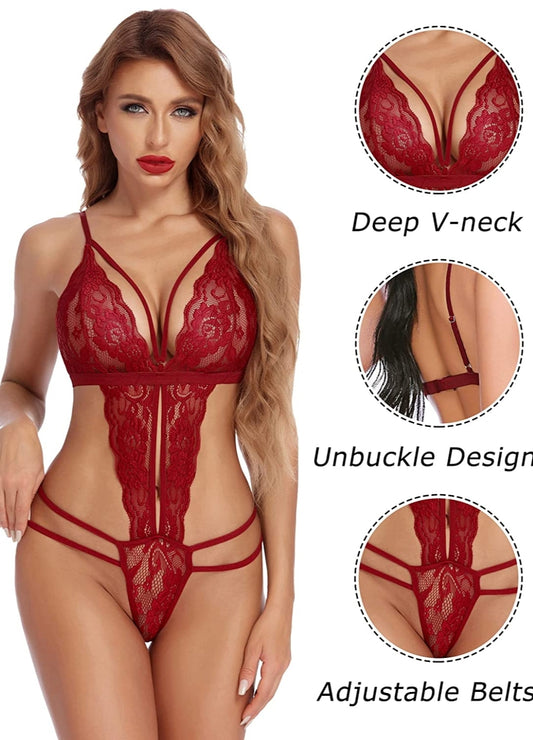 Red Strappy  V Front  Lace