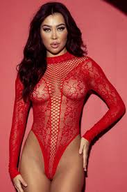 Red Lace eyelet long sleeve Teddy